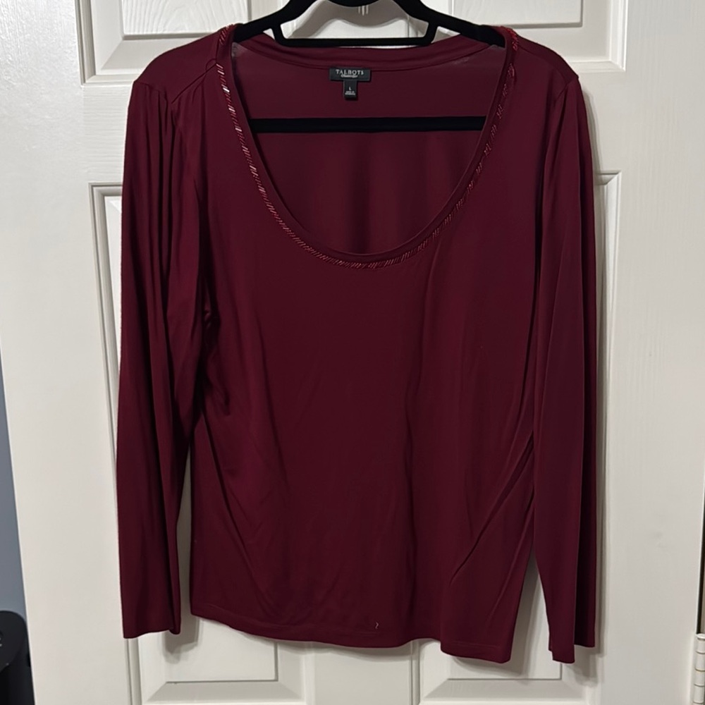 Talbots Burgundy Fitted Long Sleeve Blouse with beautiful detailed neckline